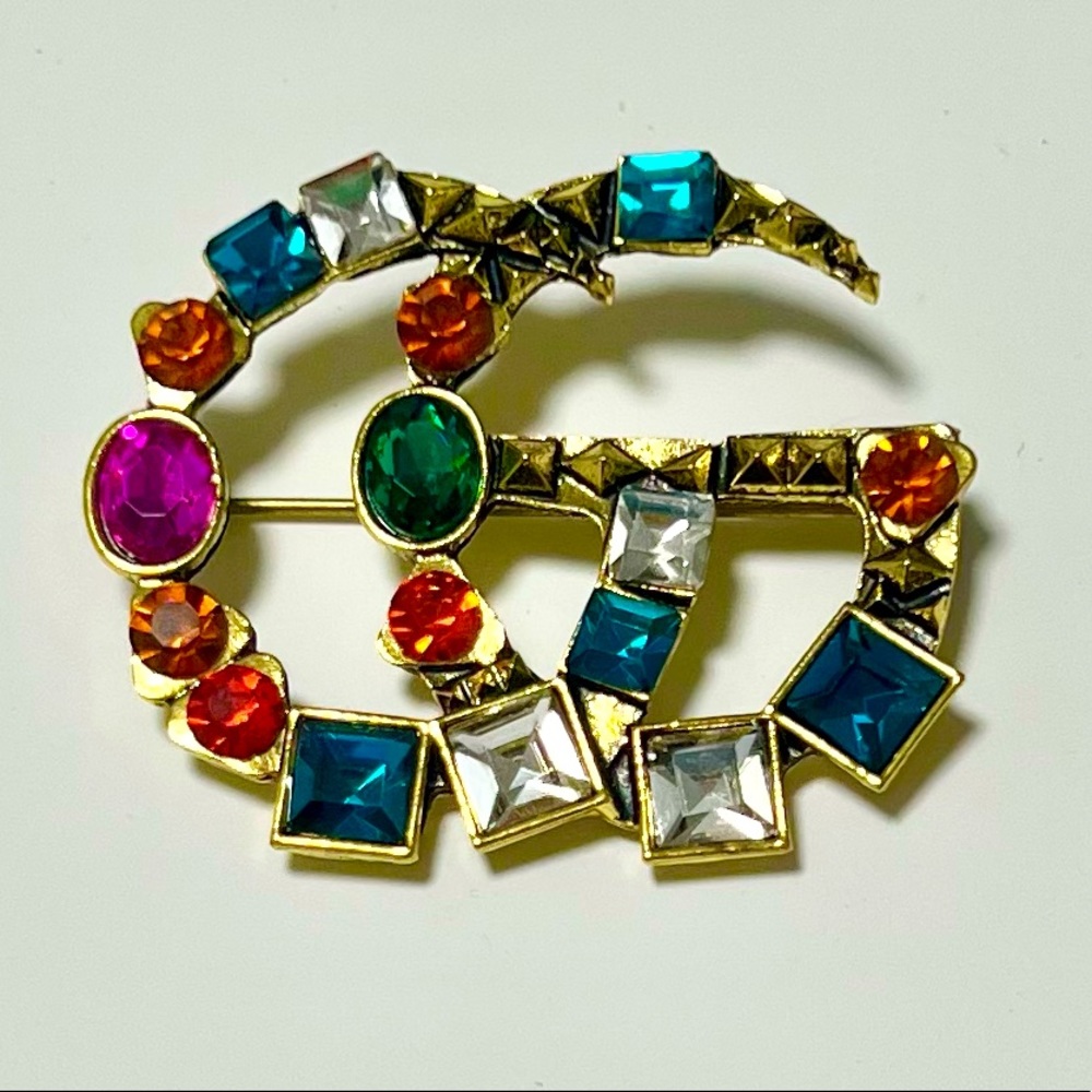 GG Antique Gold Jeweled Toned Brooch